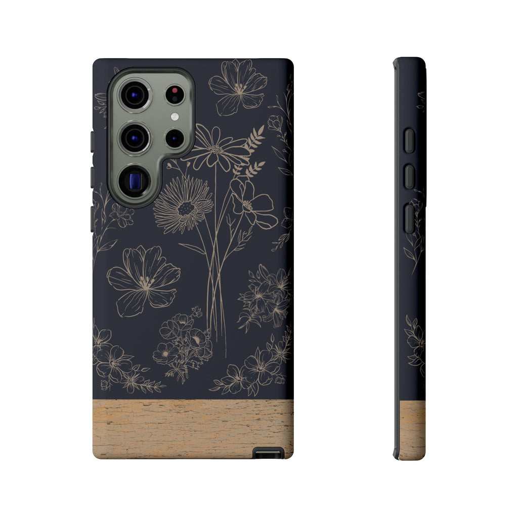 Floral Sketch Tough Phone Case — Navy Wood Accent