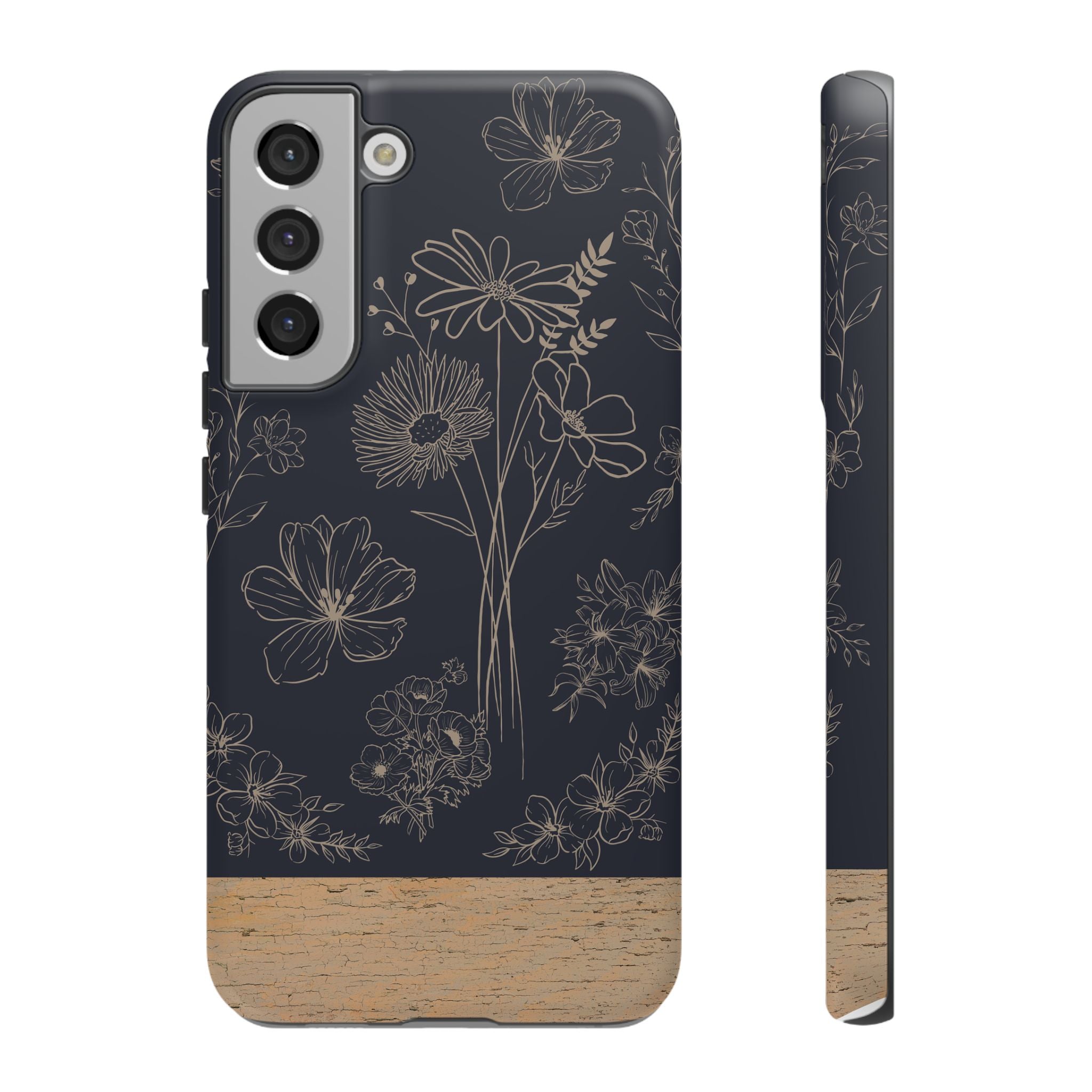 Floral Sketch Tough Phone Case — Navy Wood Accent