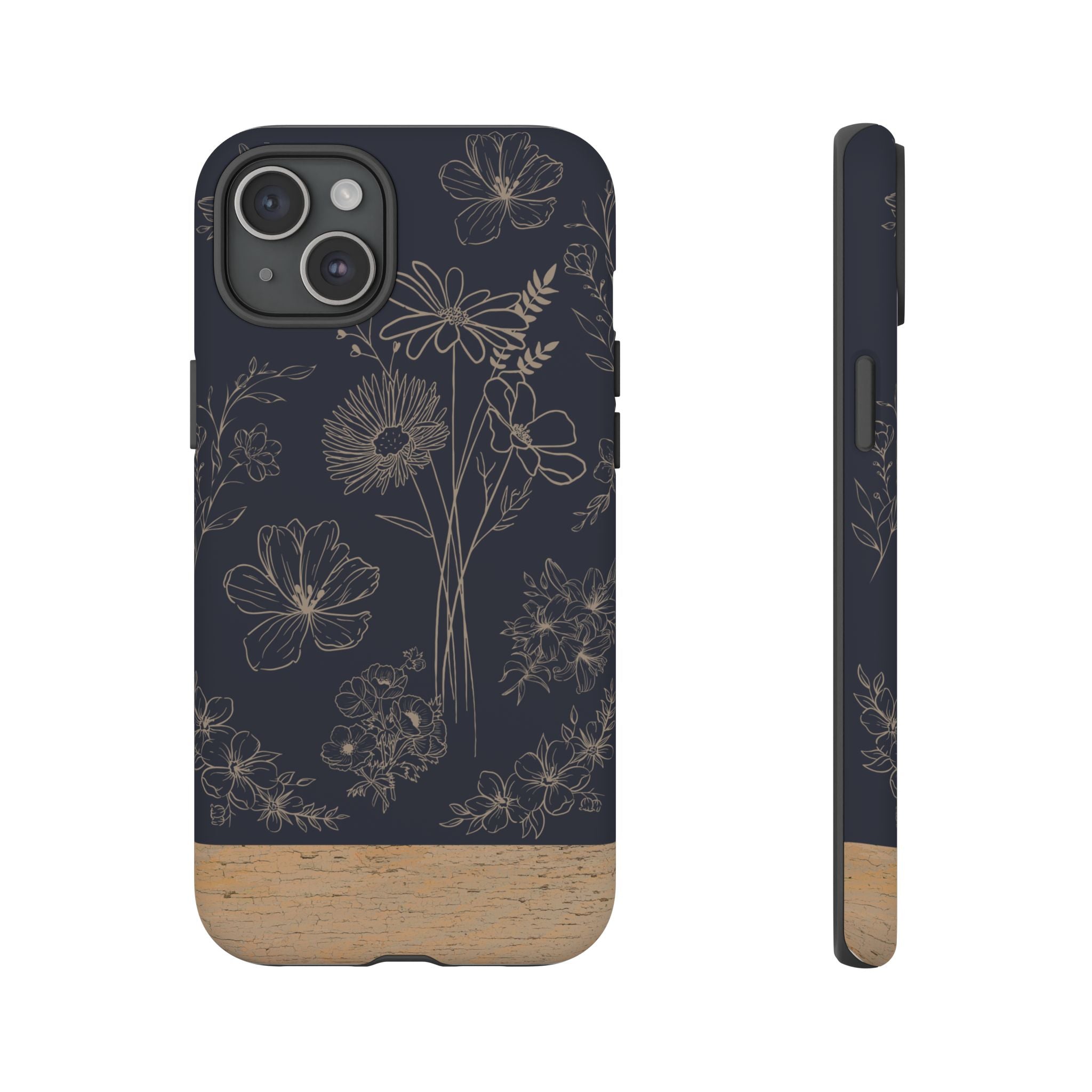 Floral Sketch Tough Phone Case — Navy Wood Accent