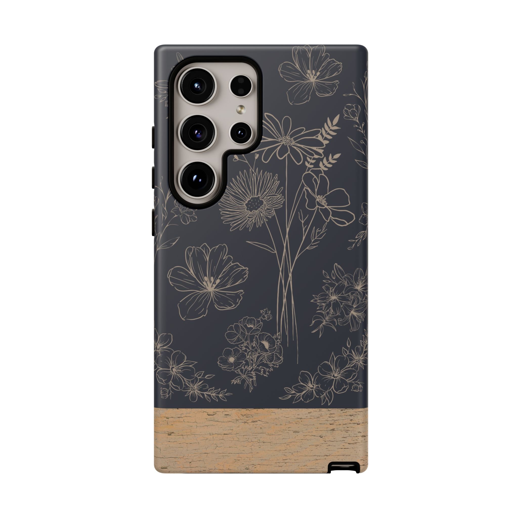 Floral Sketch Tough Phone Case — Navy Wood Accent
