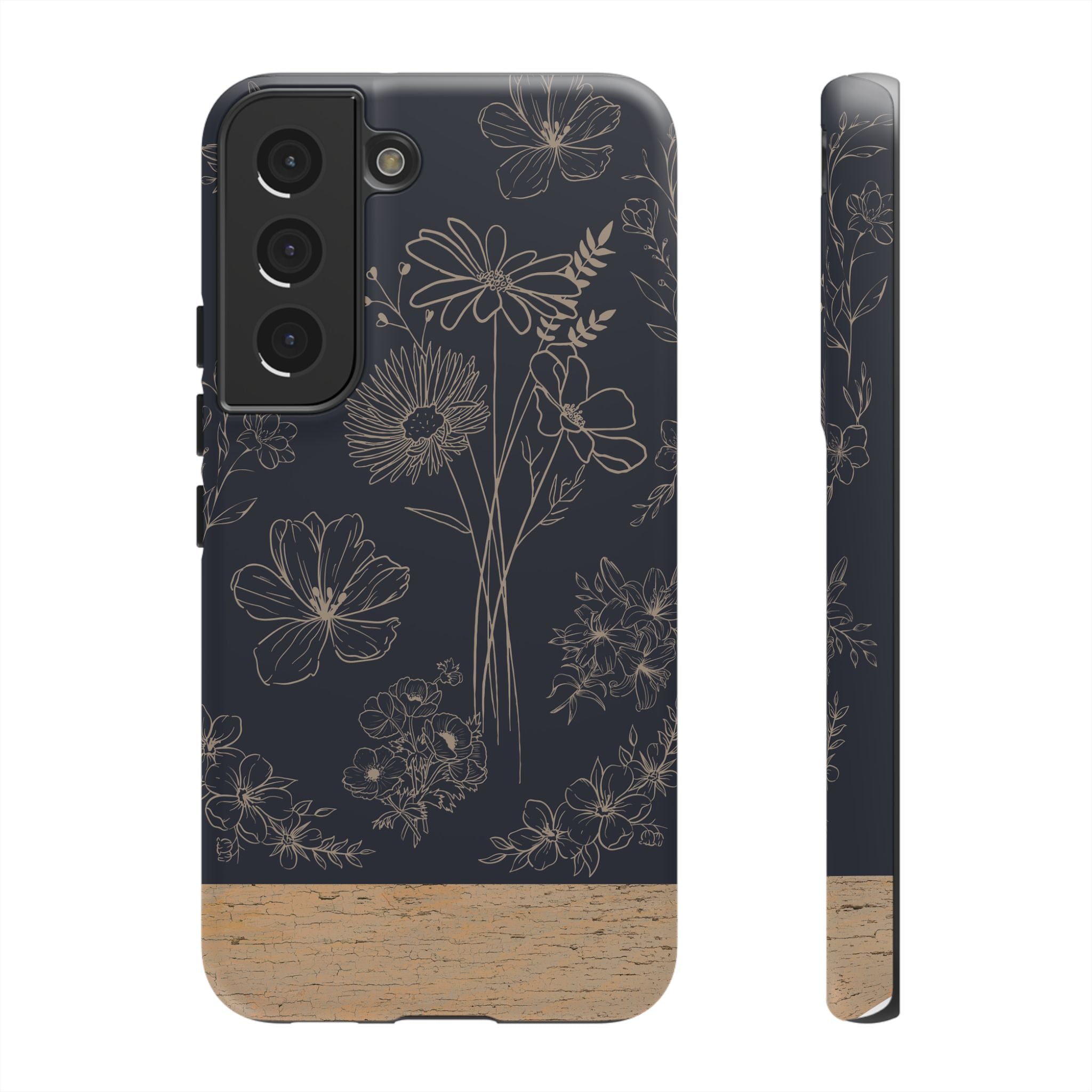 Floral Sketch Tough Phone Case — Navy Wood Accent