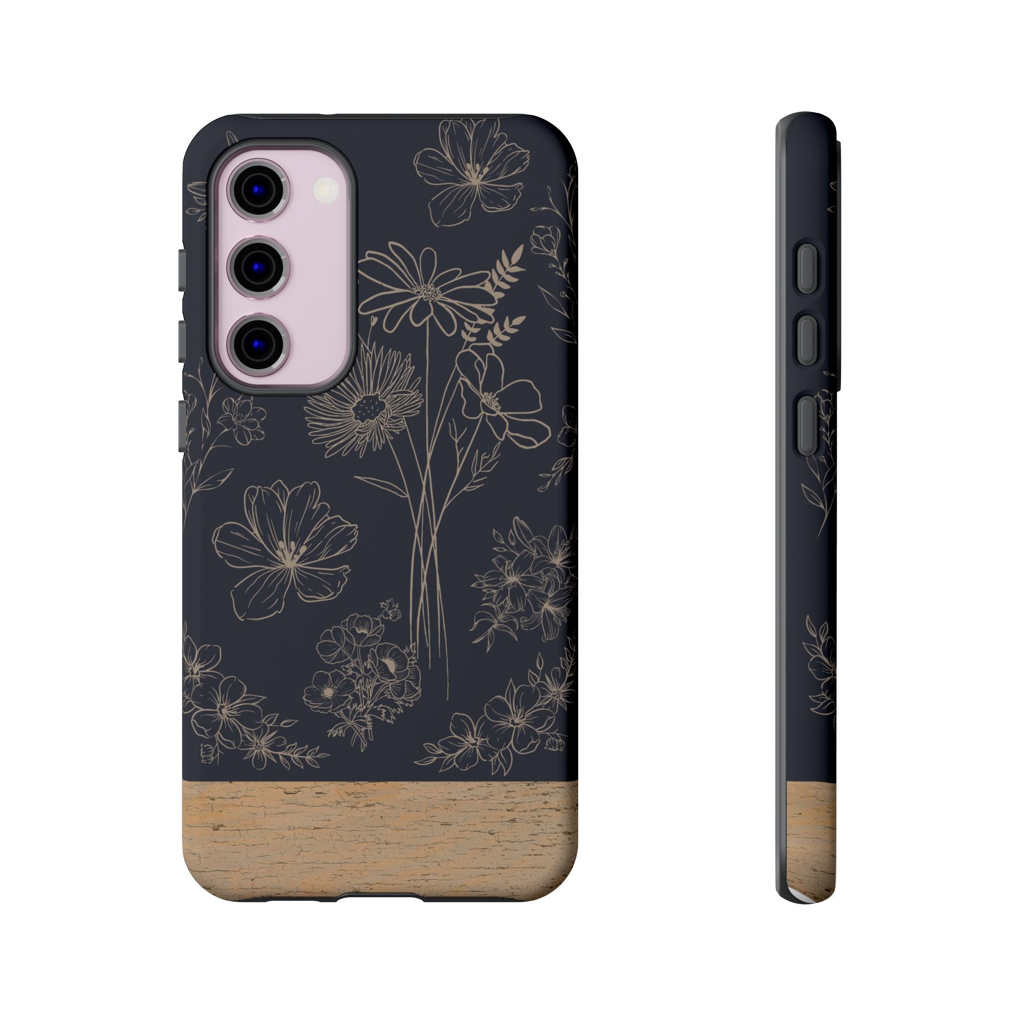 Floral Sketch Tough Phone Case — Navy Wood Accent