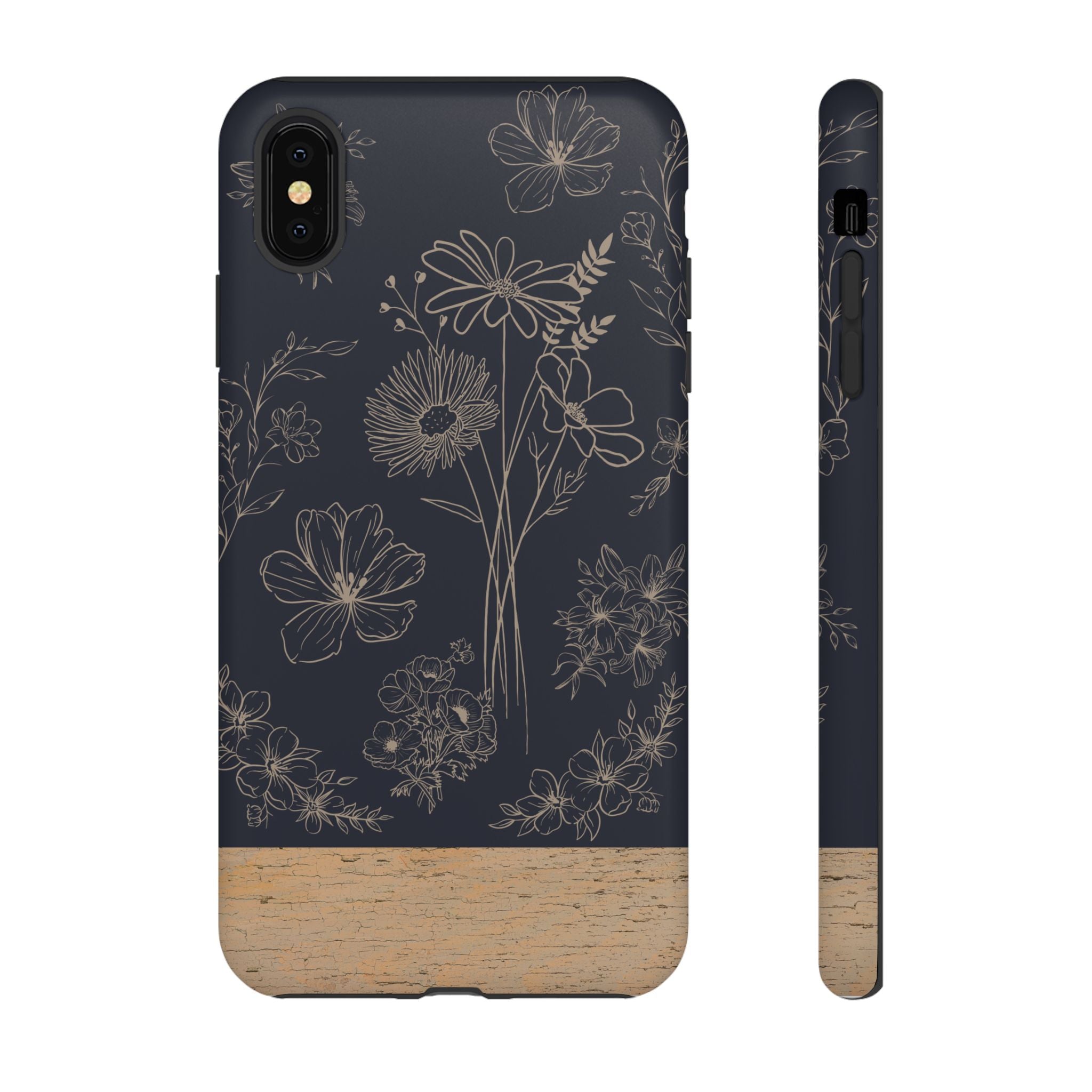 Floral Sketch Tough Phone Case — Navy Wood Accent