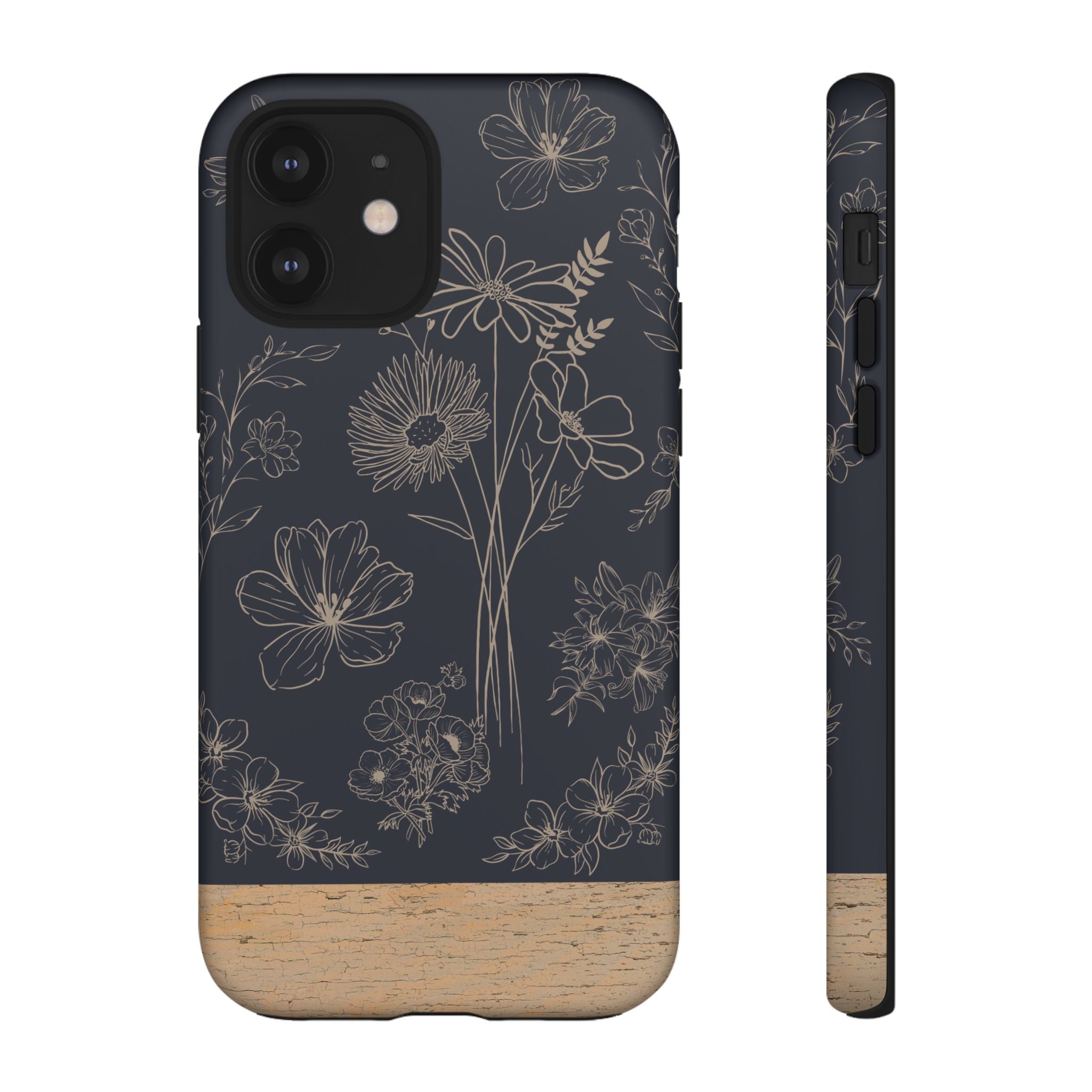 Floral Sketch Tough Phone Case — Navy Wood Accent