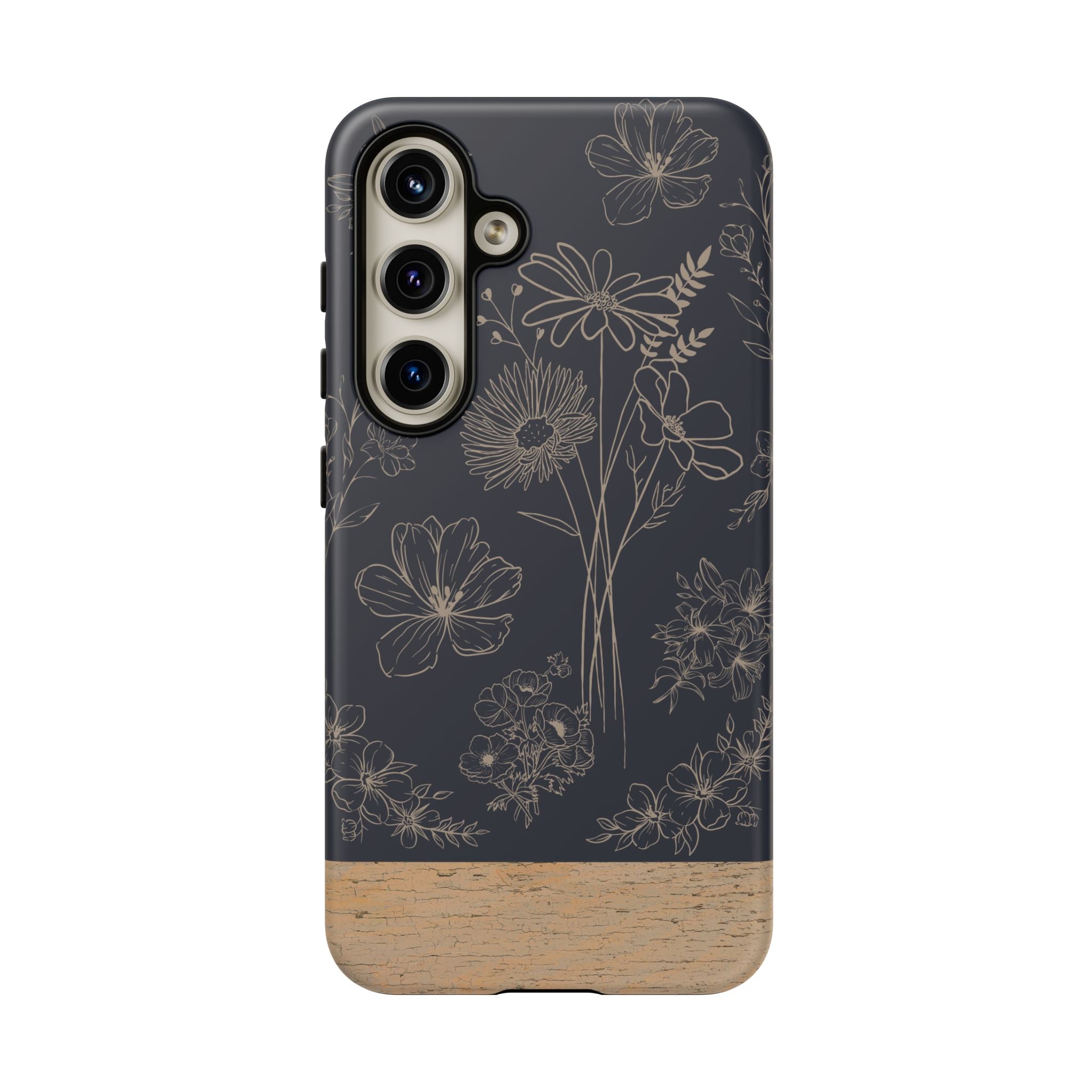Floral Sketch Tough Phone Case — Navy Wood Accent