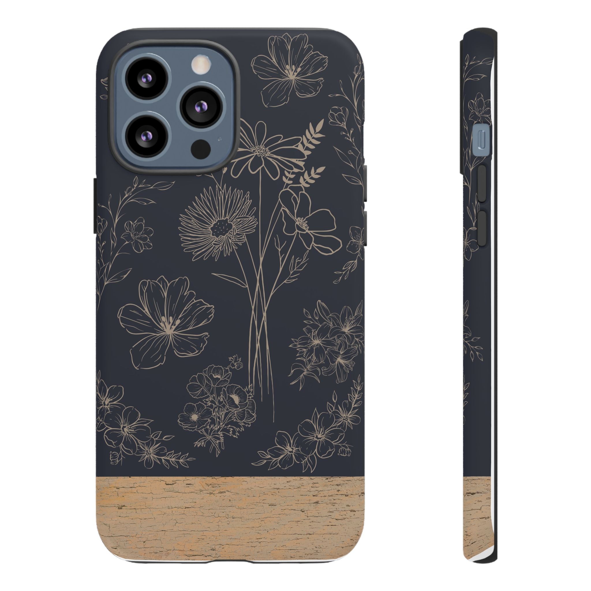 Floral Sketch Tough Phone Case — Navy Wood Accent