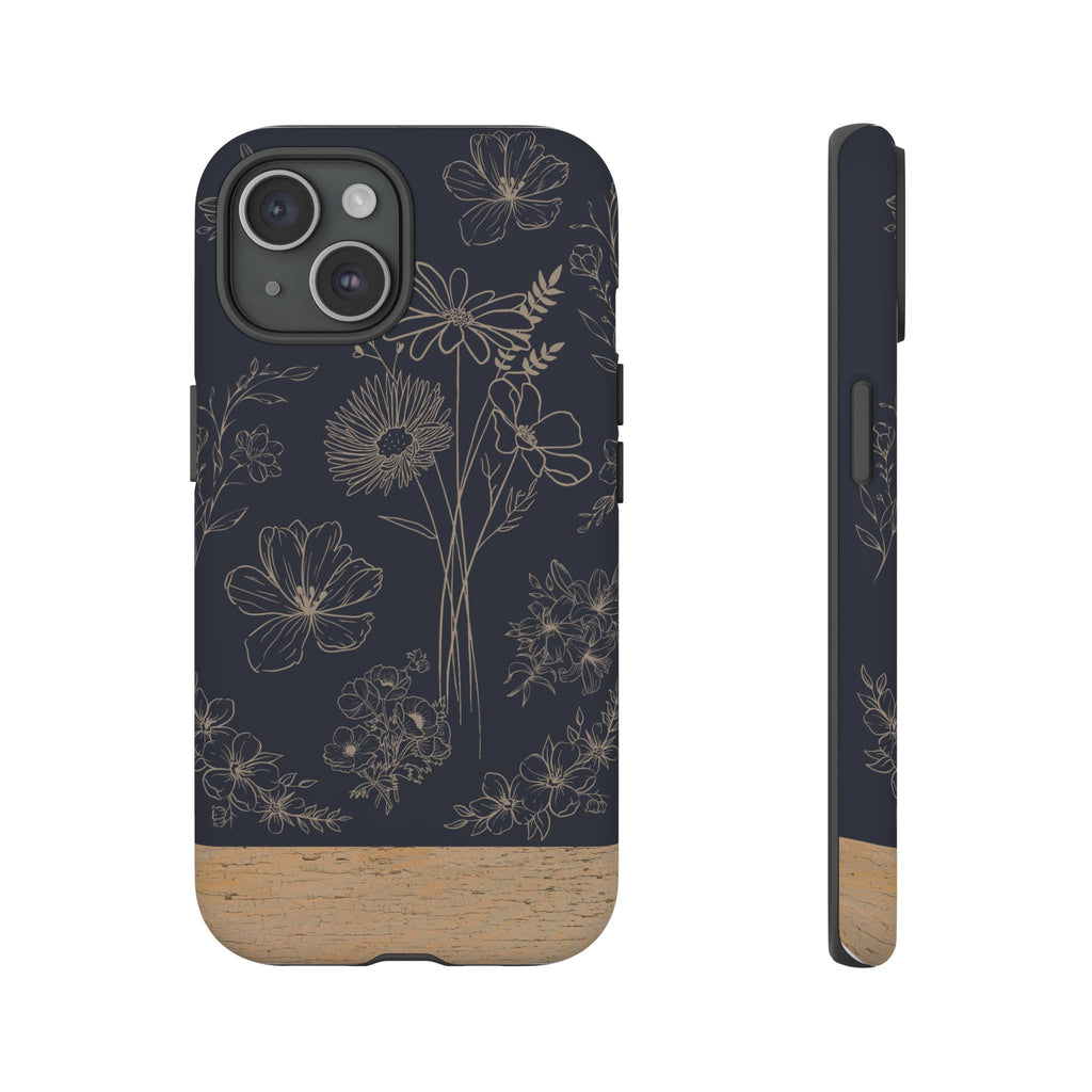 Floral Sketch Tough Phone Case — Navy Wood Accent