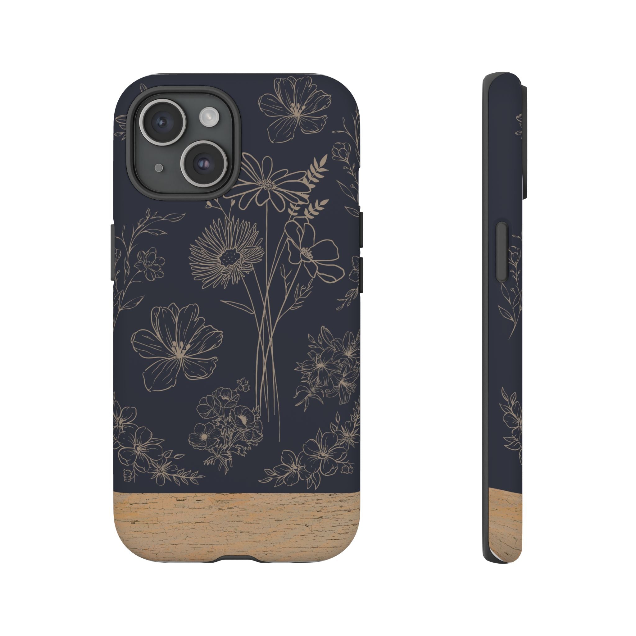 Floral Sketch Tough Phone Case — Navy Wood Accent