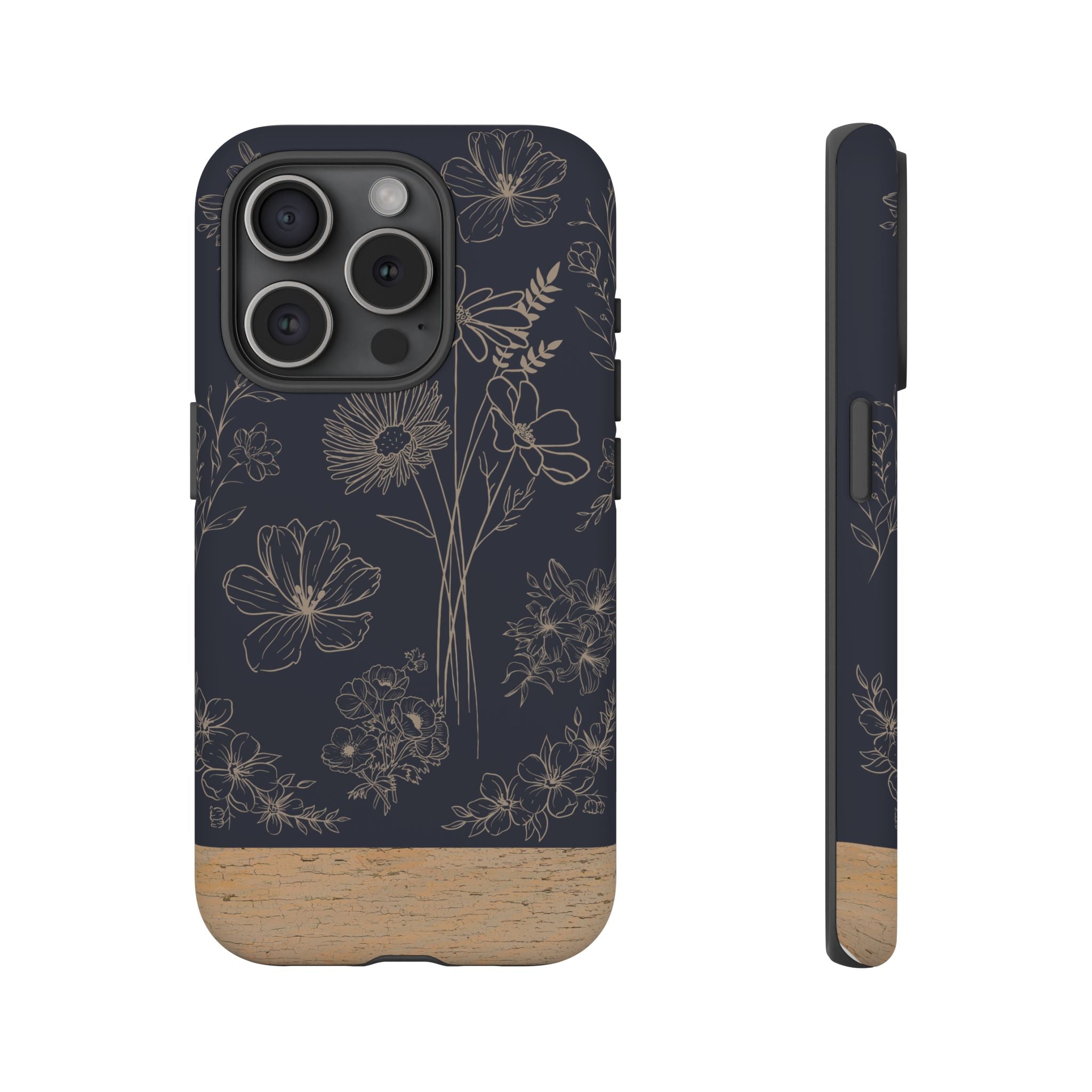 Floral Sketch Tough Phone Case — Navy Wood Accent