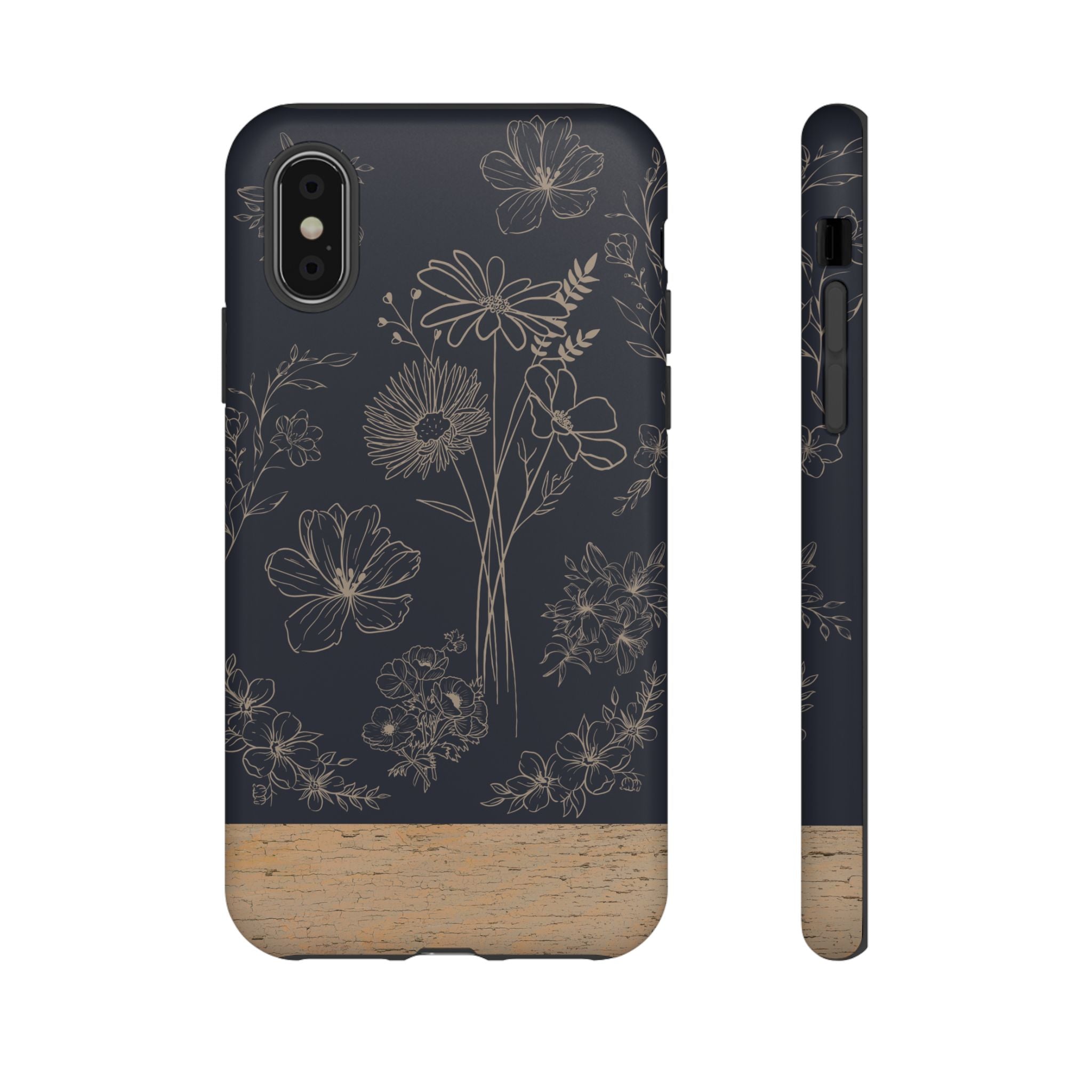 Floral Sketch Tough Phone Case — Navy Wood Accent