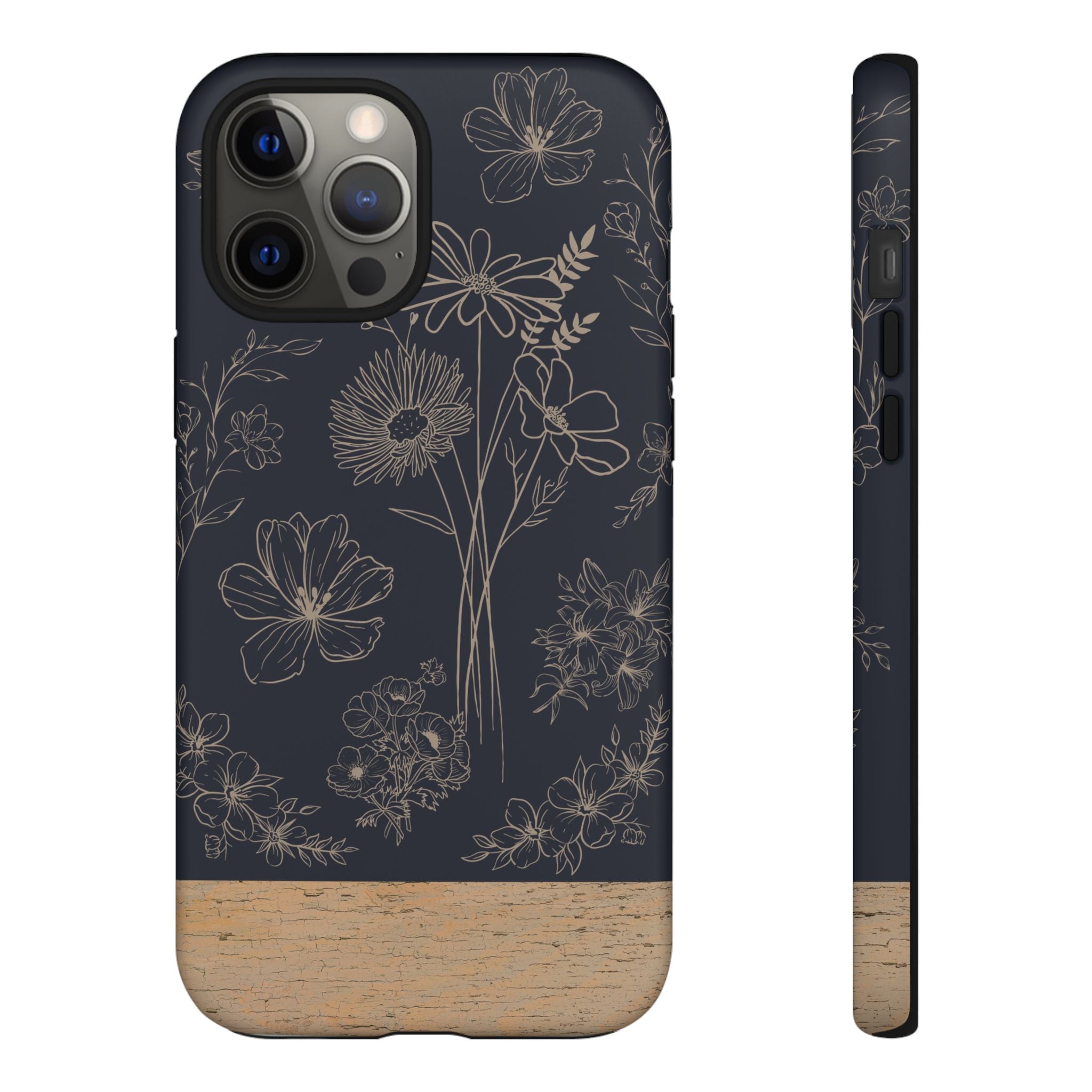 Floral Sketch Tough Phone Case — Navy Wood Accent