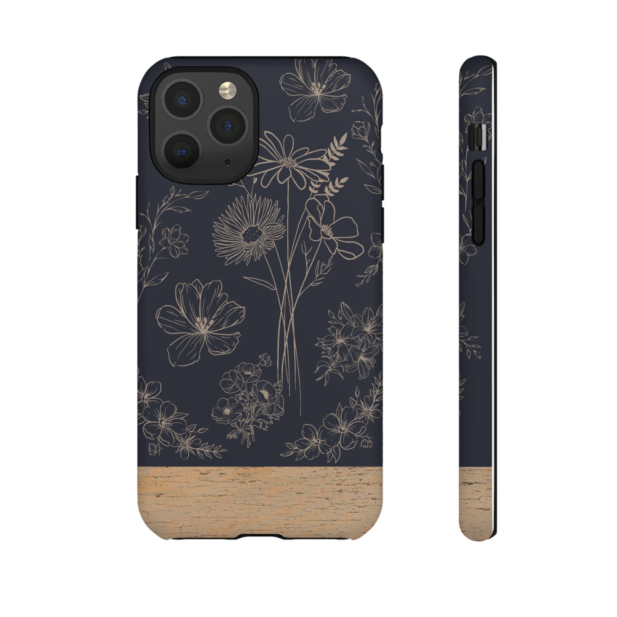 Floral Sketch Tough Phone Case — Navy Wood Accent