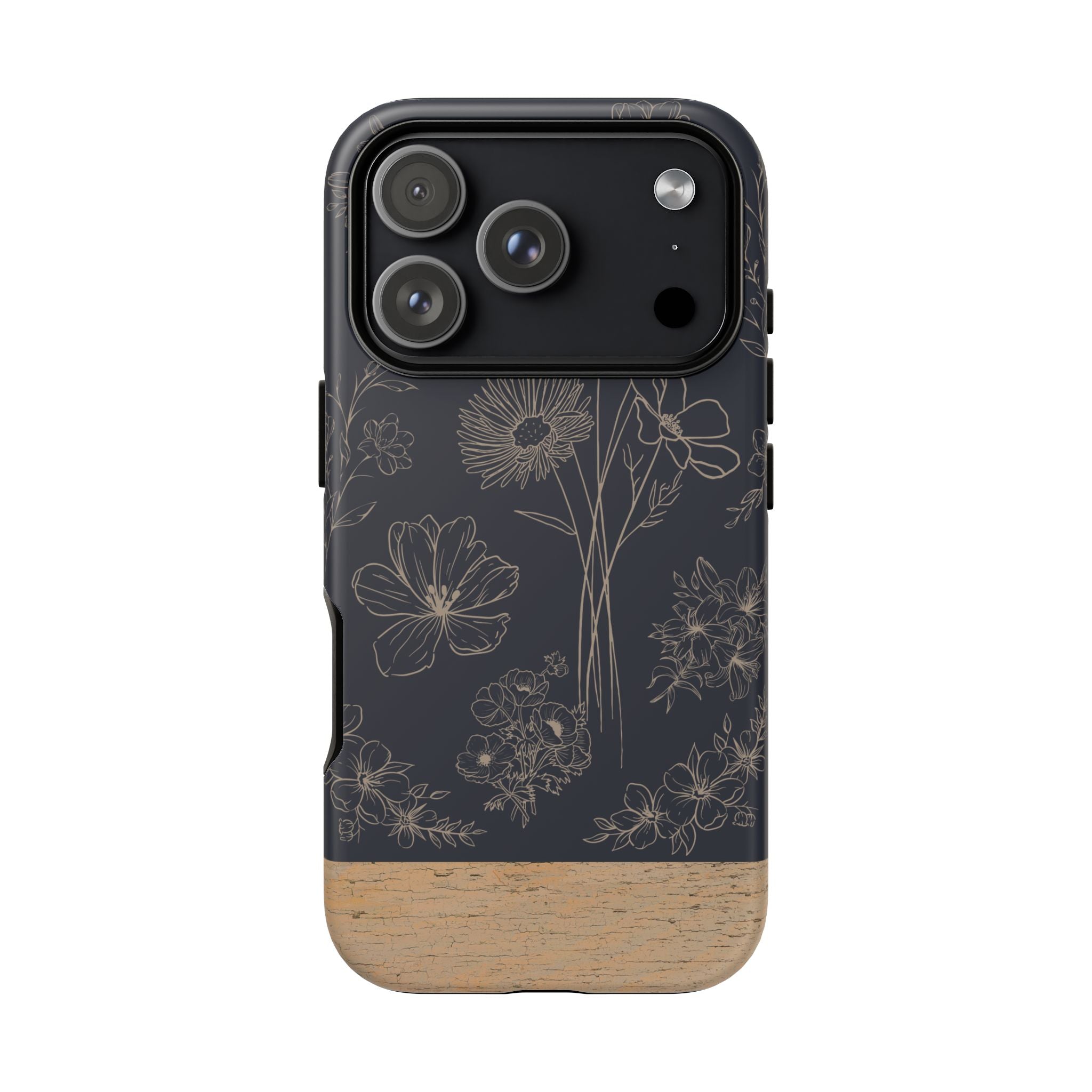 Floral Sketch Tough Phone Case — Navy Wood Accent