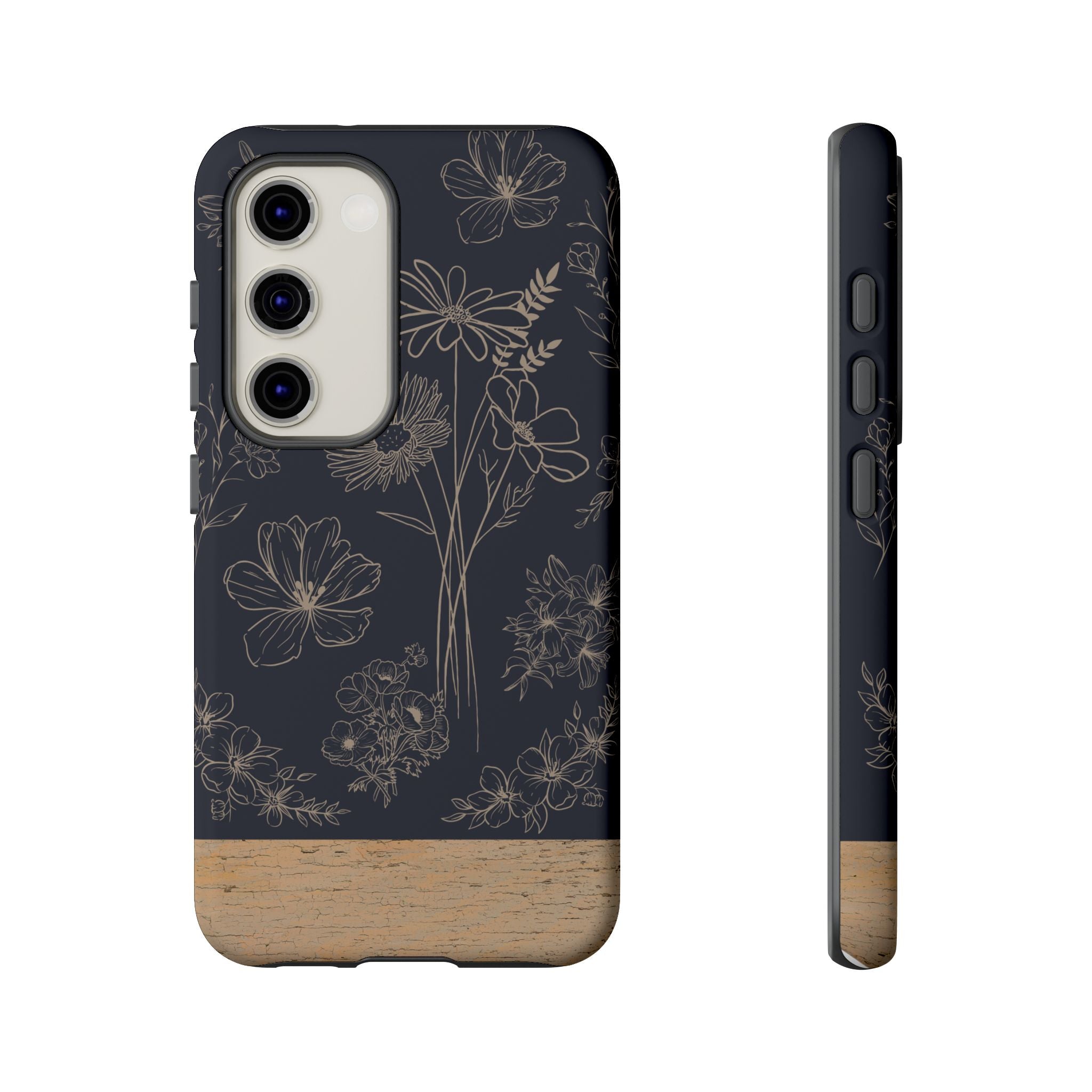 Floral Sketch Tough Phone Case — Navy Wood Accent
