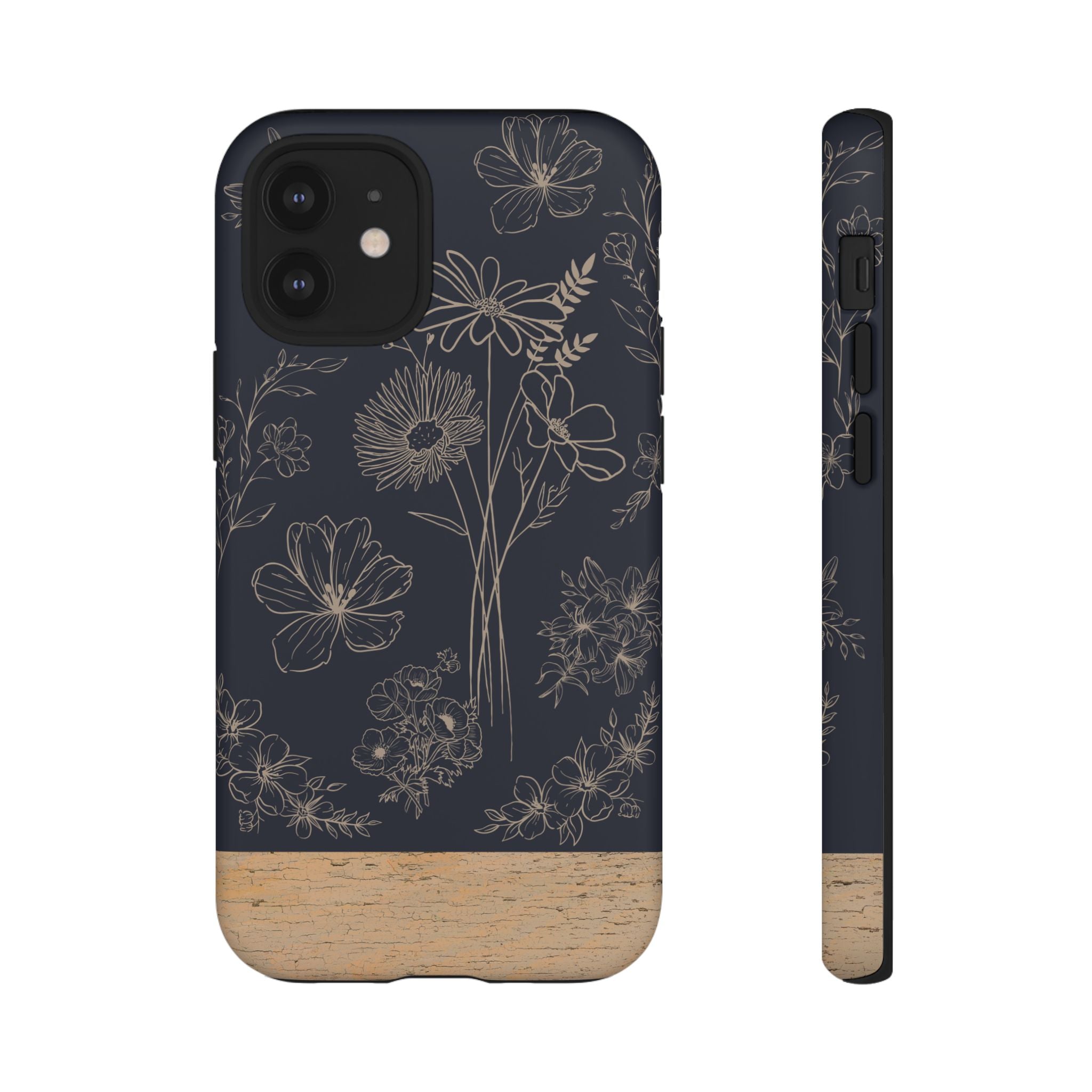Floral Sketch Tough Phone Case — Navy Wood Accent