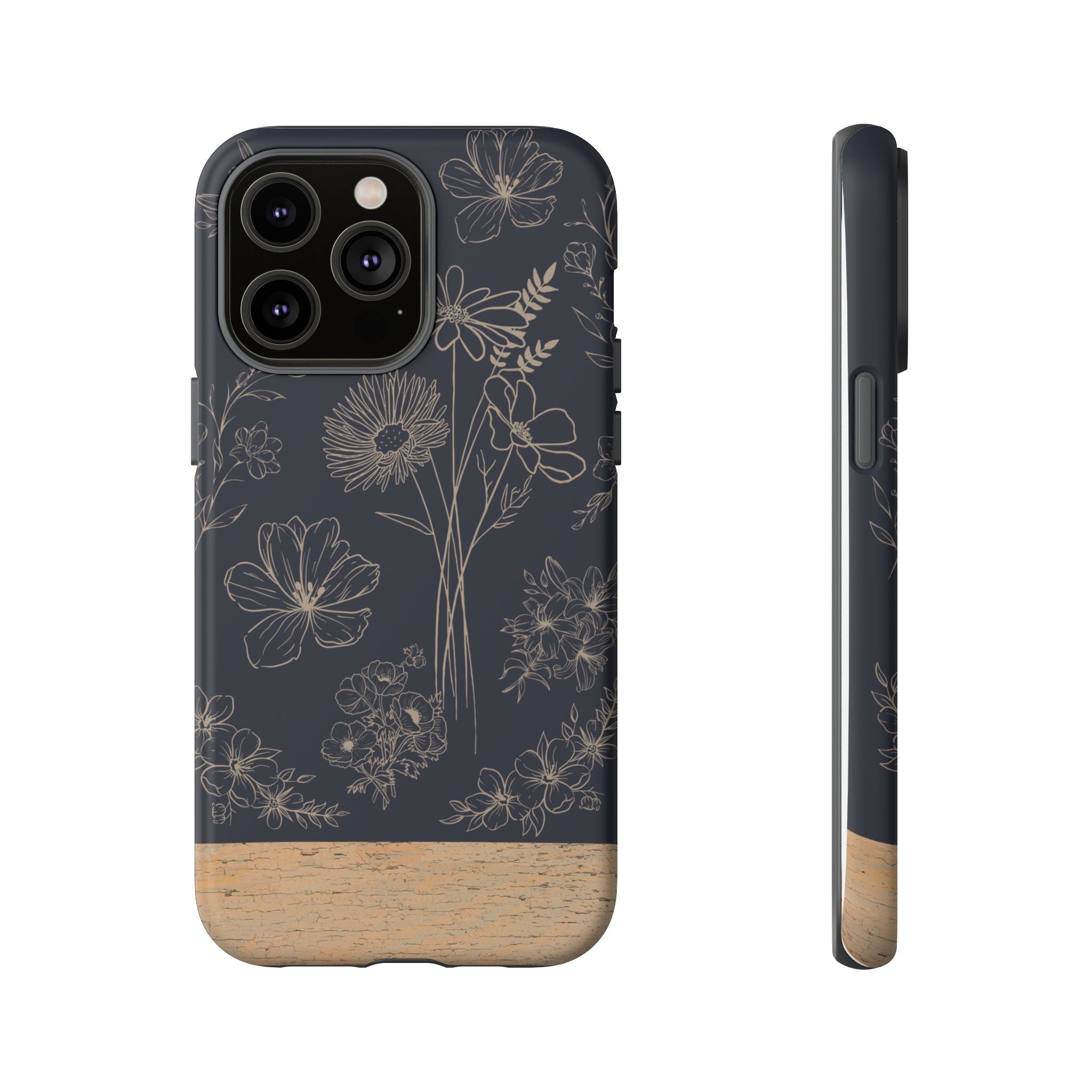 Floral Sketch Tough Phone Case — Navy Wood Accent