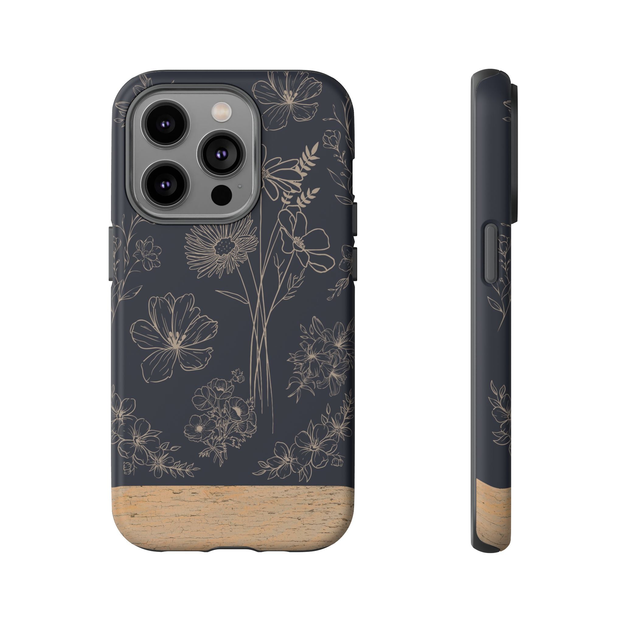 Floral Sketch Tough Phone Case — Navy Wood Accent