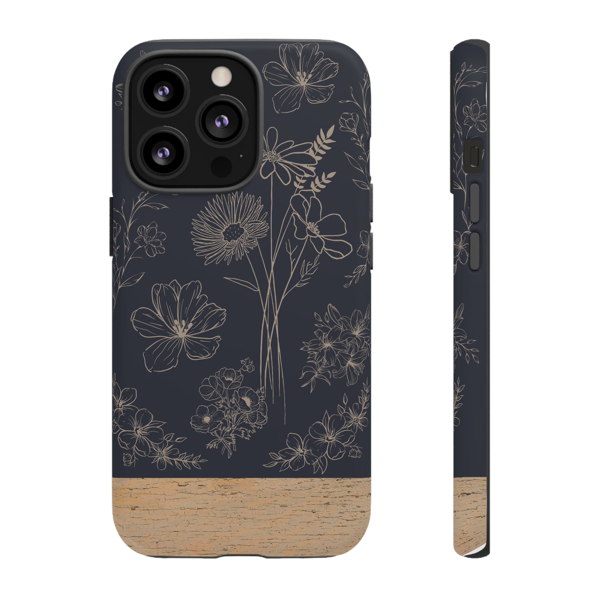 Floral Sketch Tough Phone Case — Navy Wood Accent