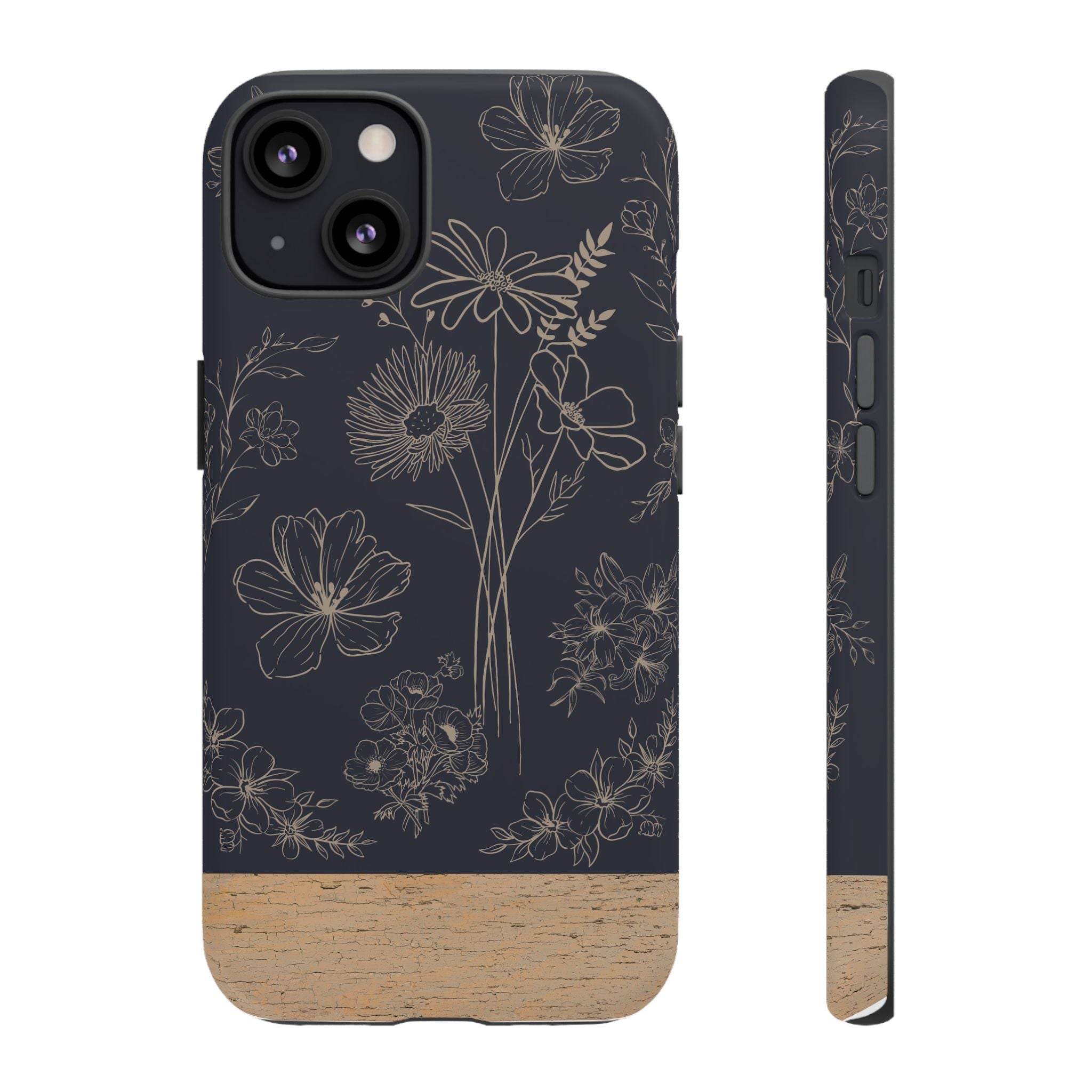 Floral Sketch Tough Phone Case — Navy Wood Accent