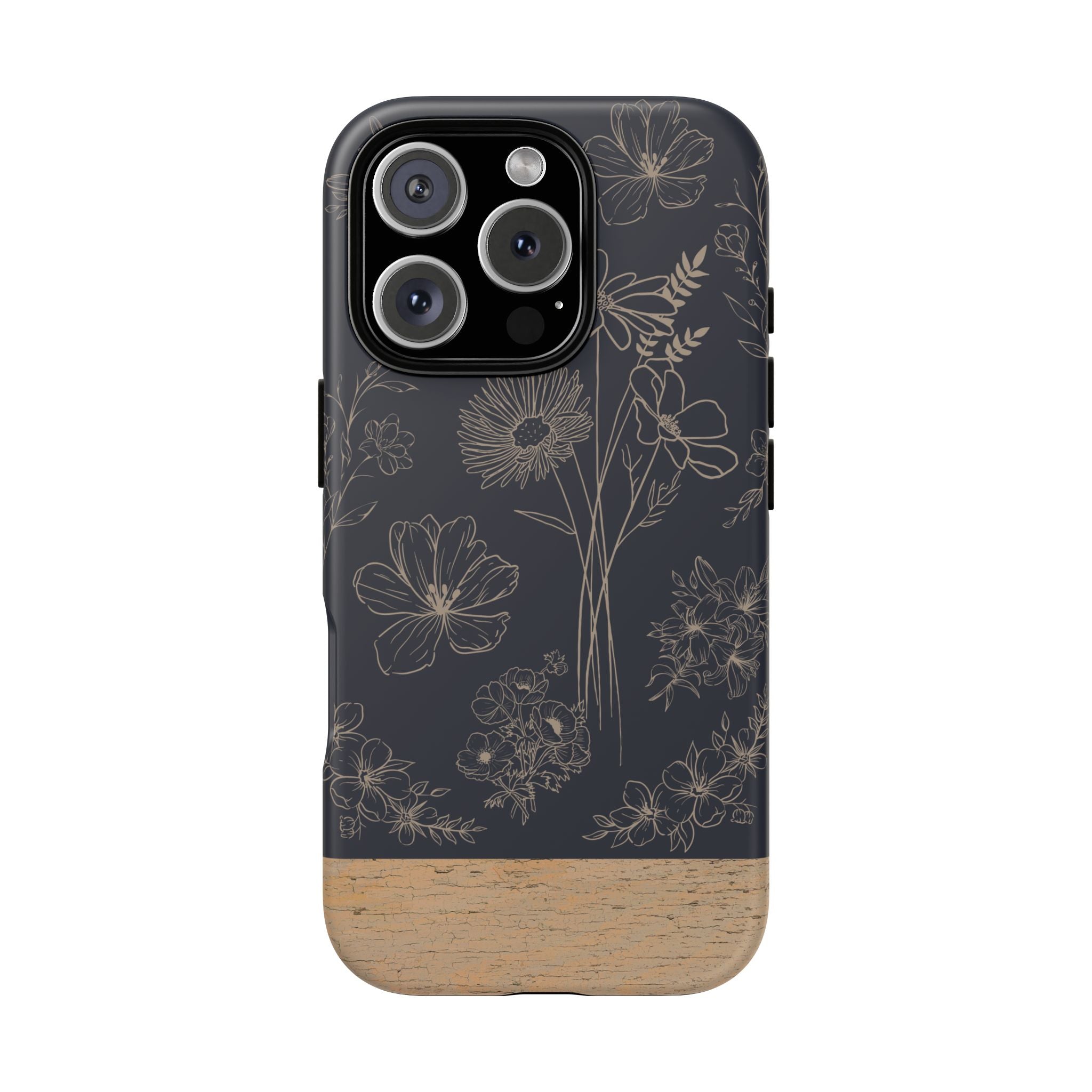 Floral Sketch Tough Phone Case — Navy Wood Accent