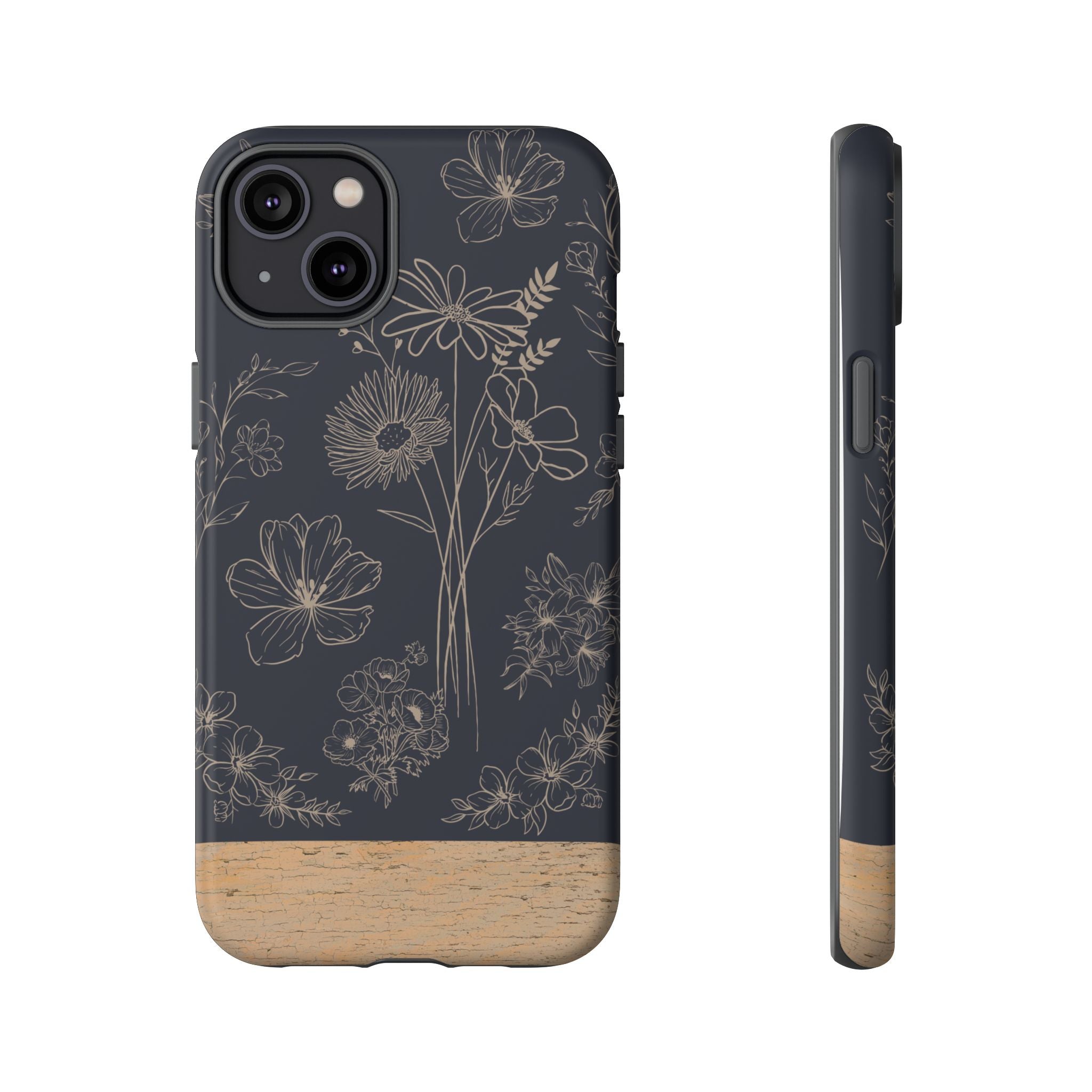Floral Sketch Tough Phone Case — Navy Wood Accent