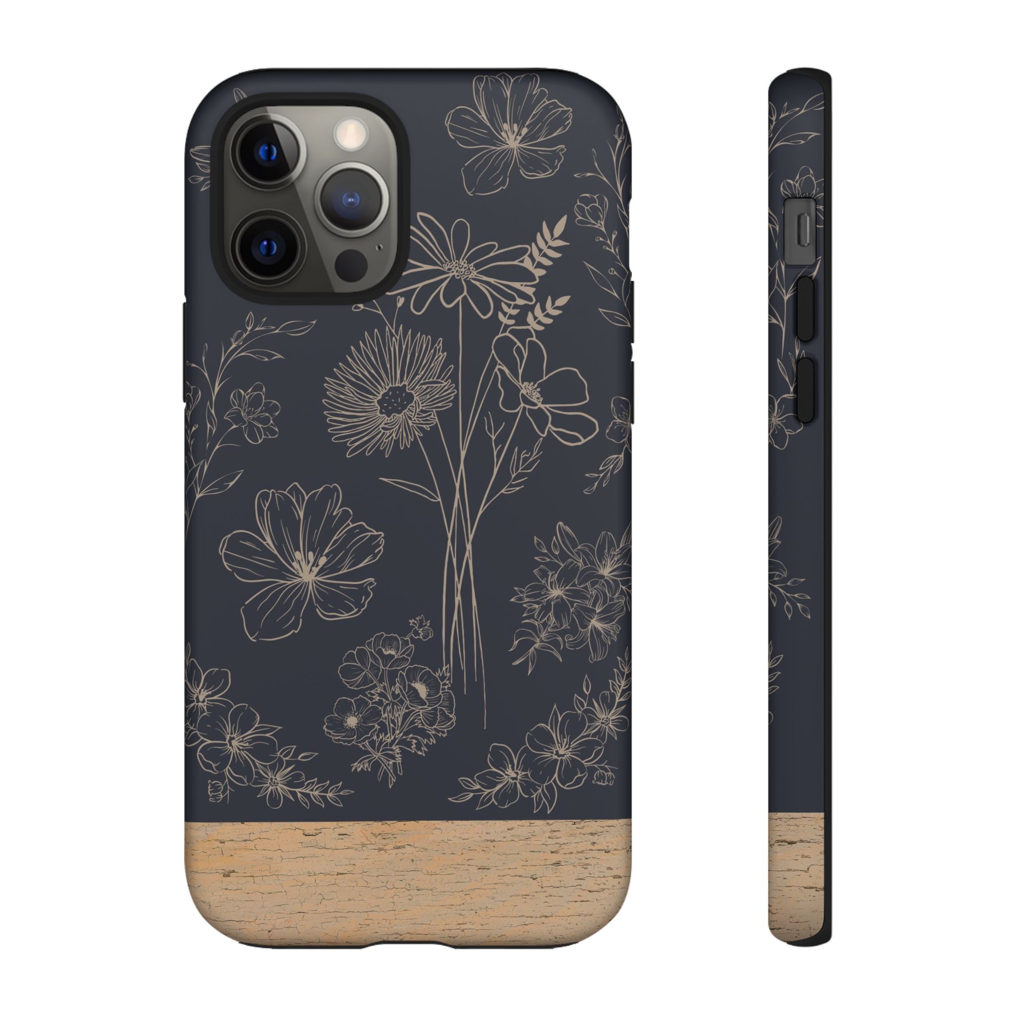 Floral Sketch Tough Phone Case — Navy Wood Accent