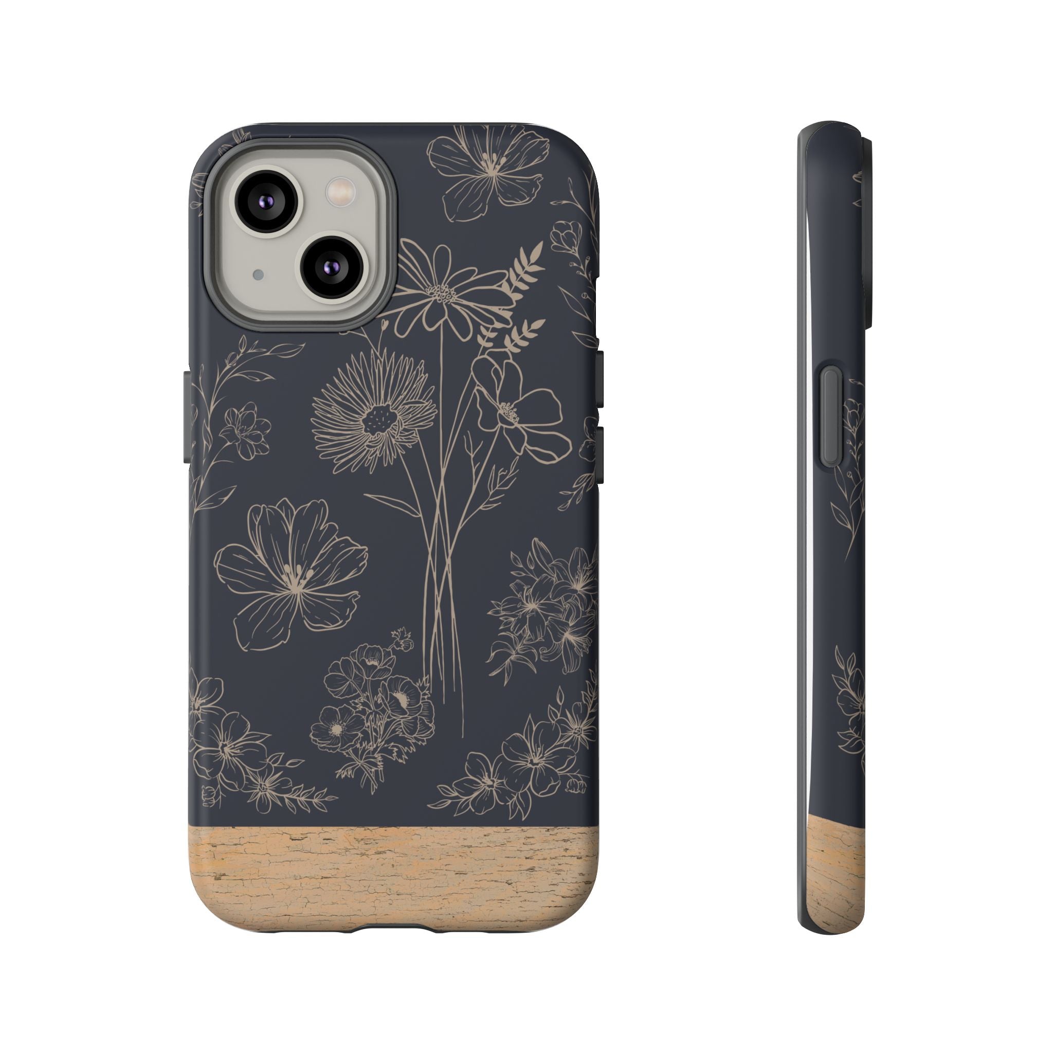 Floral Sketch Tough Phone Case — Navy Wood Accent